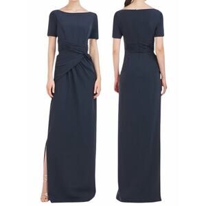 Kay Unger Garbo Gathered Column Gown Short Sleeve Carbon Blue Size 8